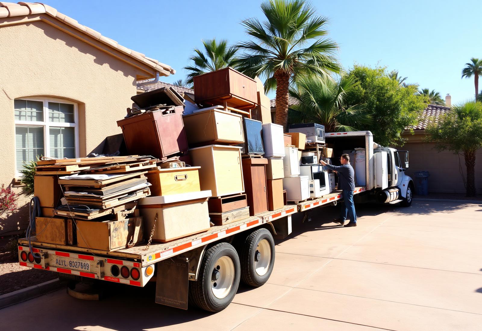 Loaded junk removal trailer in a Phoenix driveway